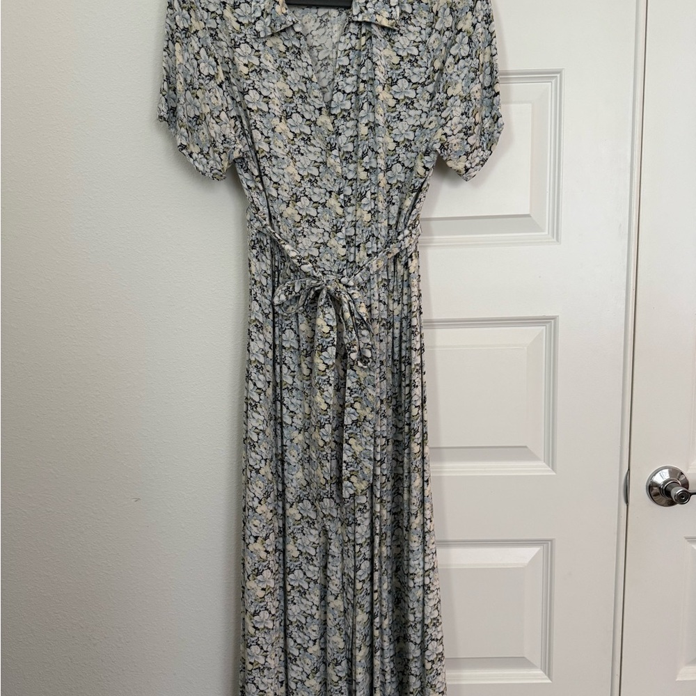 H&M Blue Button Down Tie Waist Midi Sundress